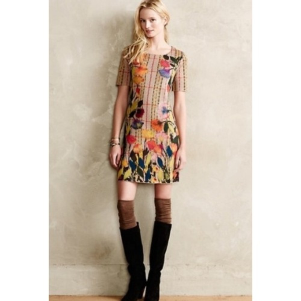 Troubadour Anthropologie Bloomline Knit Shift Dress Plaid Floral Multi Sz Large‎